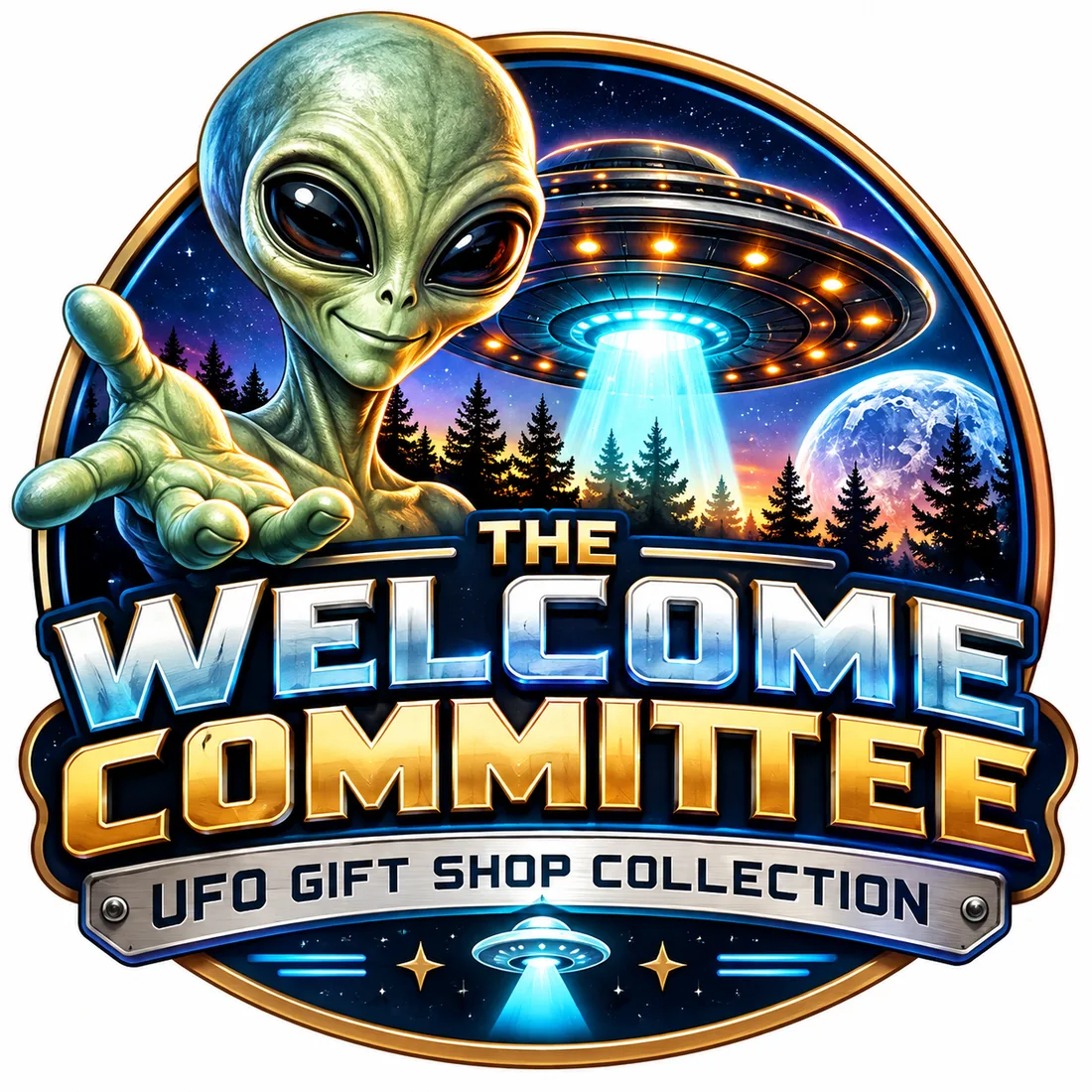 The Welcome Committee UFO Gift Shop Collection official badge: friendly alien, flying saucer and cosmic night sky